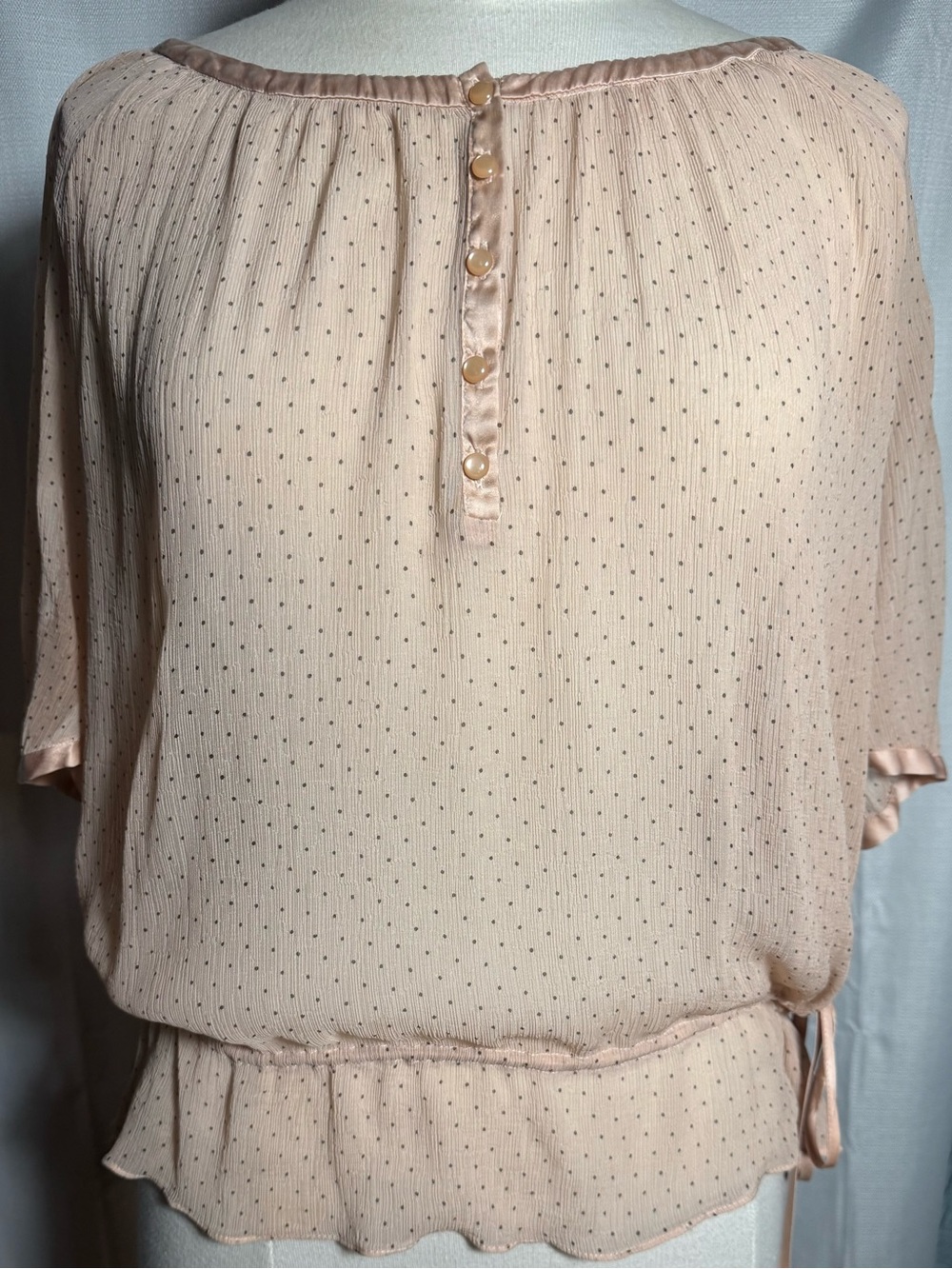Express Light Peach Polka Dot ,Sheer ,Satin Trim  Henley Blouse